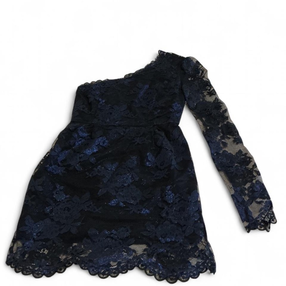 Madison Marcus Dress Womens XS Navy Blue Excellent One Shoulder Silk Lace Mini